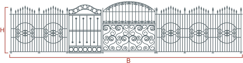 Zaunschema mit Höhe (H) und Breite (B) markiert