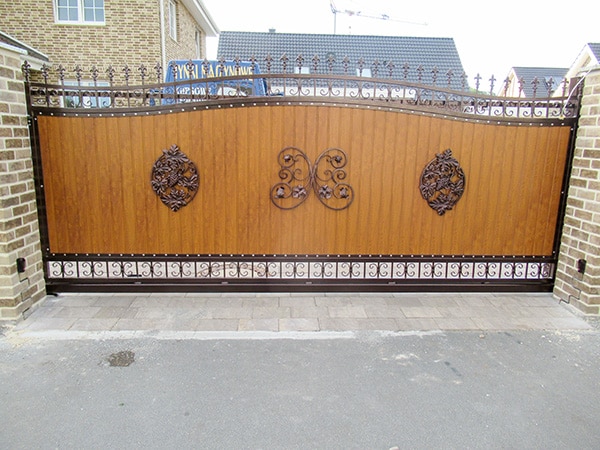 Ornamentales Gartentor mit Löwenköpfen und Verzierungen.