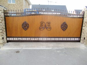 Ornamentales Gartentor mit Löwenköpfen und Verzierungen.