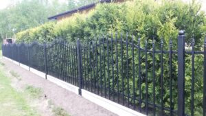 Schmiedeeiserner Zaun vor Hecke und Haus.