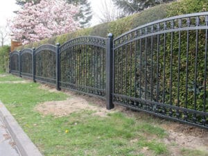 Schmiedeeiserner Zaun neben blühendem Baum.