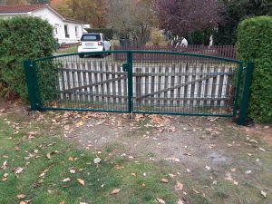 Grünes Gartentor mit Einfahrt und Herbstlaub.